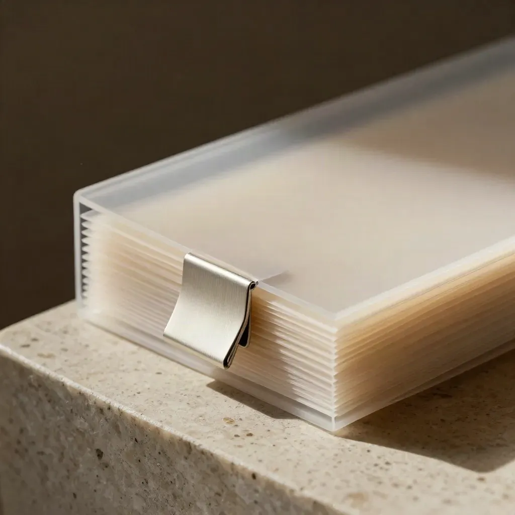 Translucent lead form sleeve with blank inserts and a metal clip, lit in a dark macro close-up.