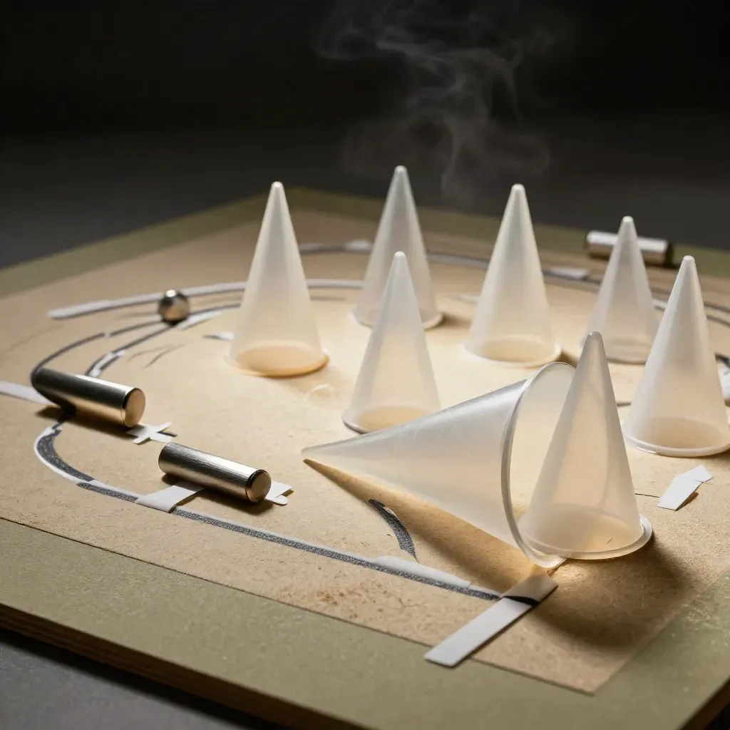 Macro of translucent funnel map discs and white route markers in smoke, with khaki and pewter textures.