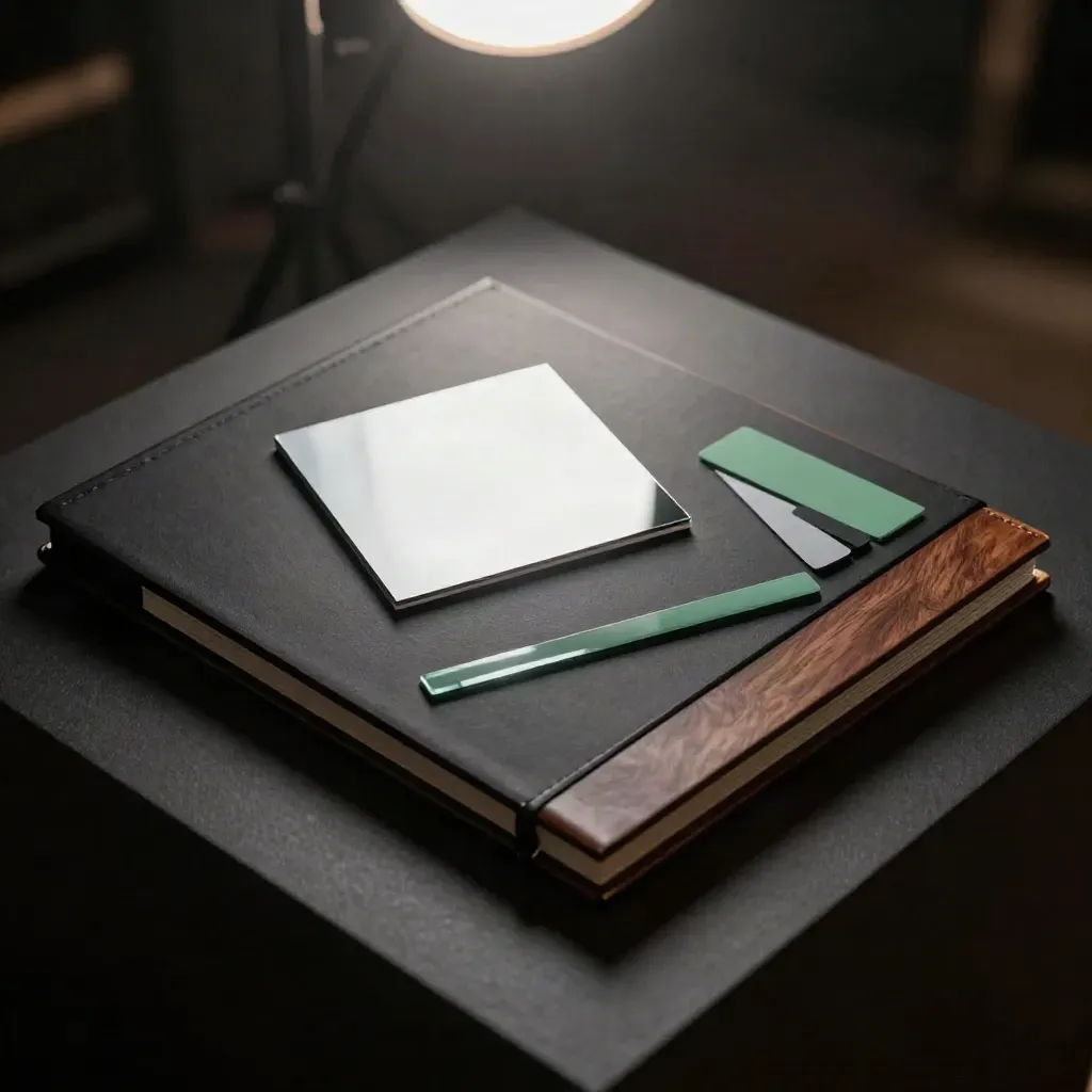Brand position audit board with swatches, mirrored edge card and portfolio on a dark studio surface