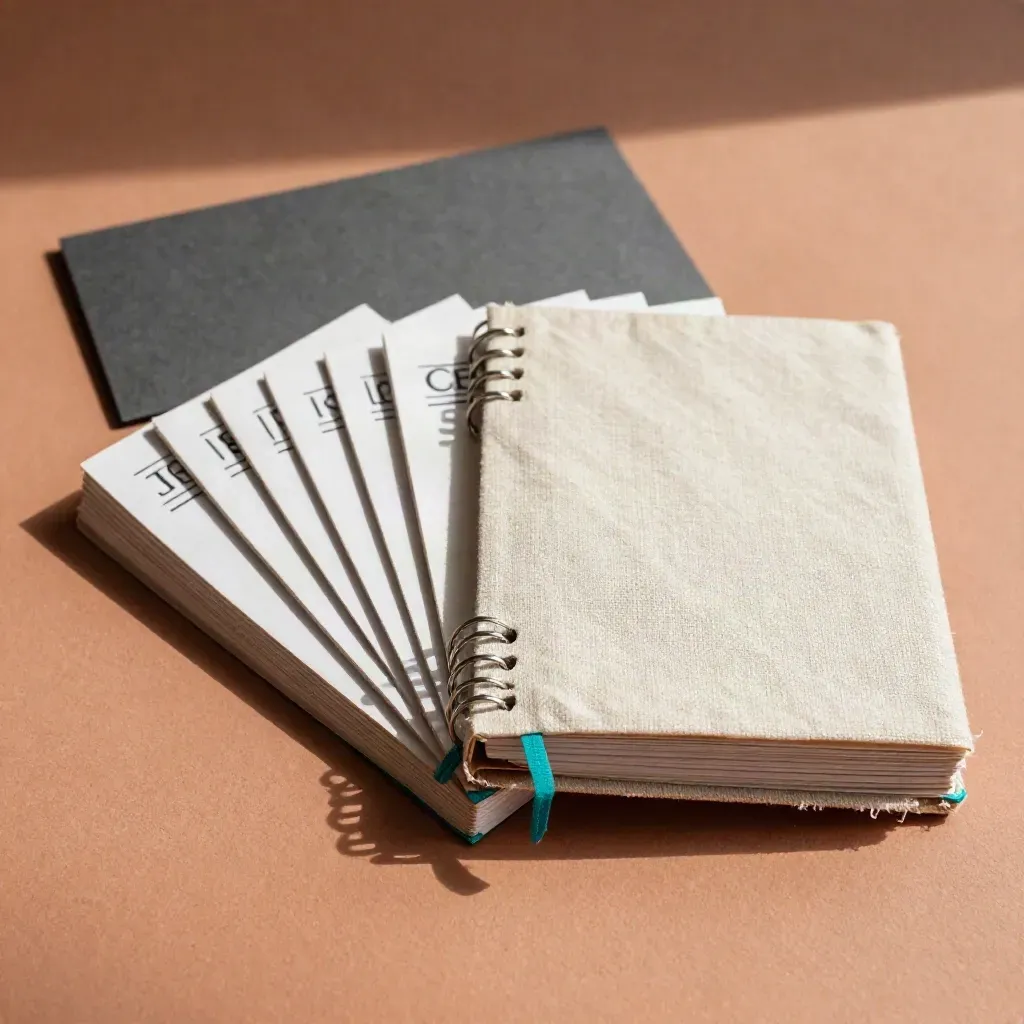 Content plan pack flatlay with linen sleeve, ring-bound cards and teal accents on terracotta.