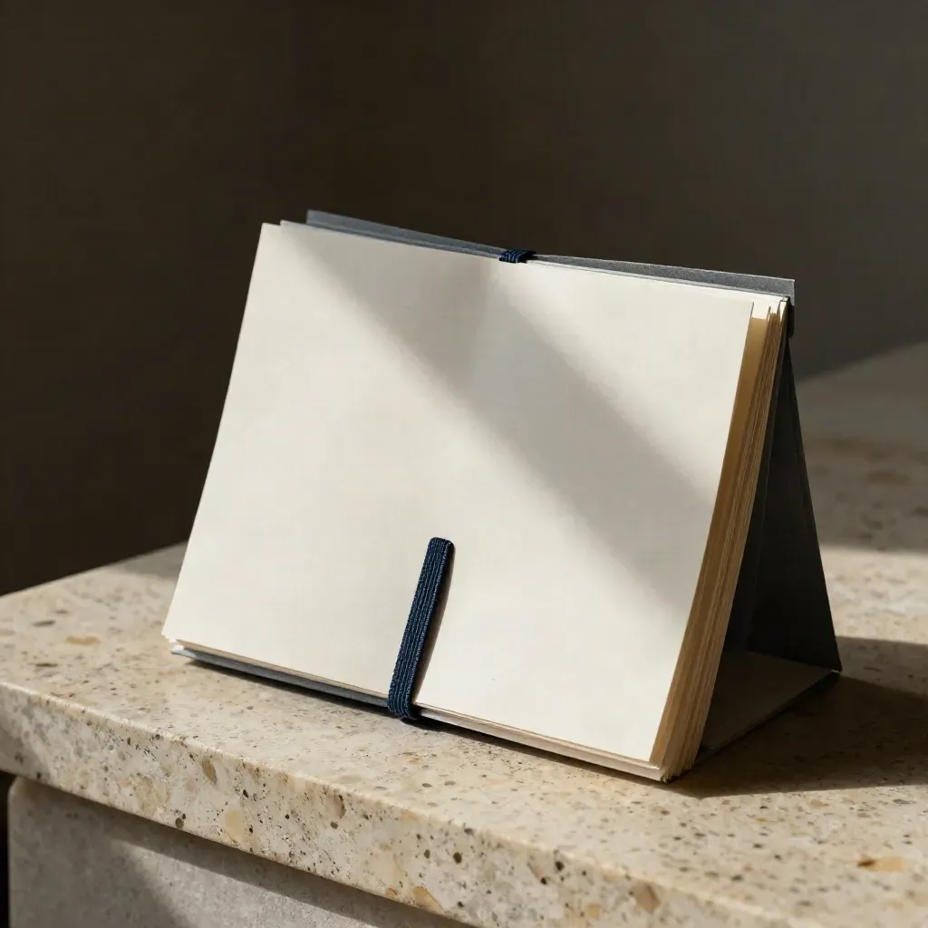 Open audit booklet with tab dividers and dark elastic band on travertine ledge.