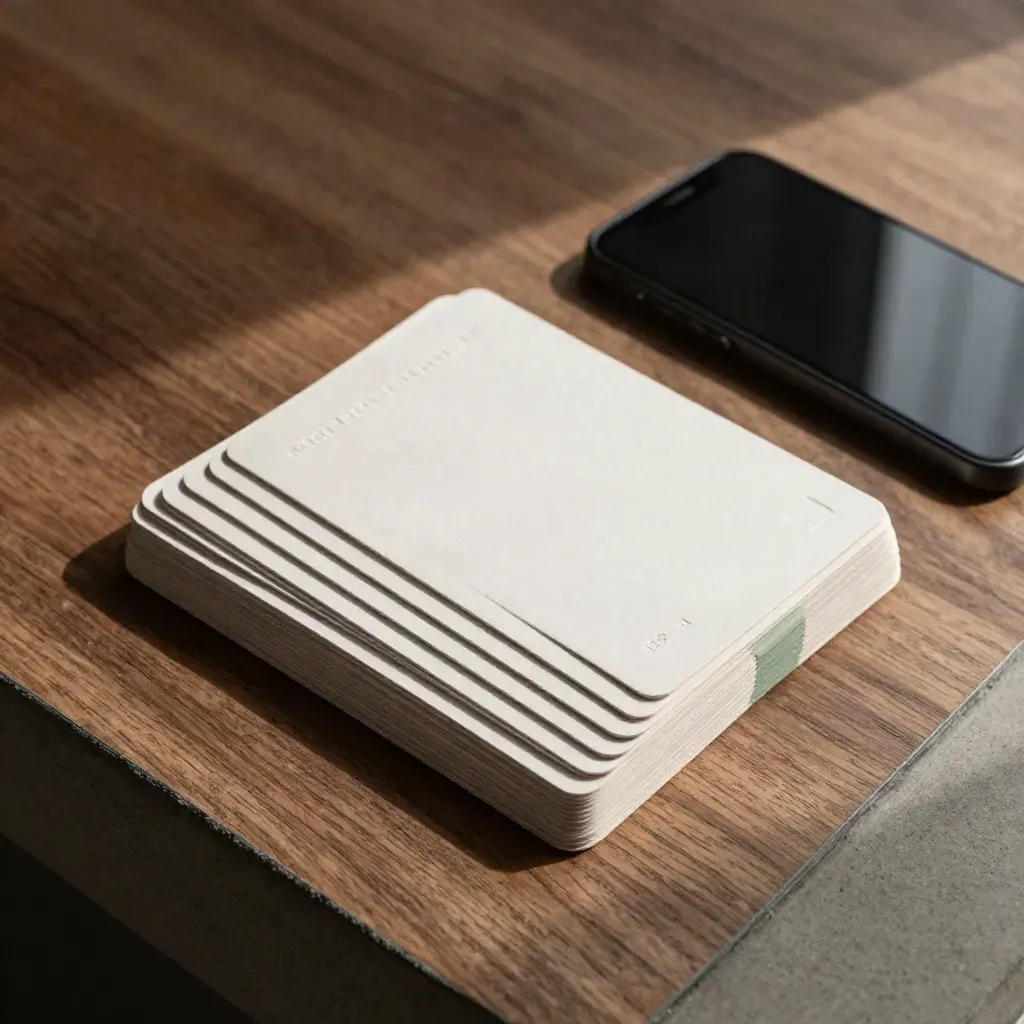 Overhead flatlay of ad copy cards, proof strips, and a dark phone on walnut-toned concrete.