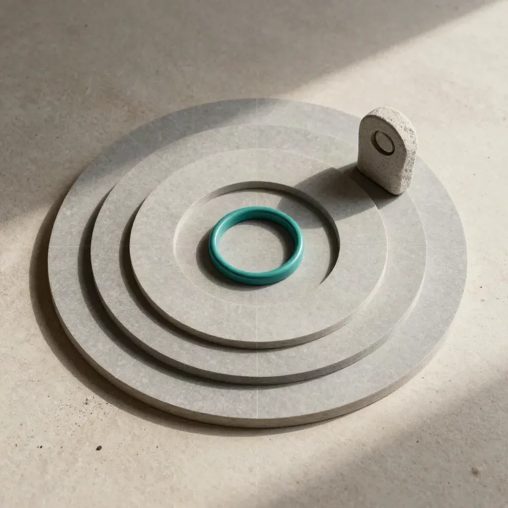 Top-down flat lay of map rings, tiles and a small stone marker on pale concrete.