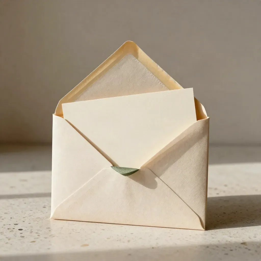 Linen-bound email nurture pack with cream cards and a subtle sage ribbon on travertine.