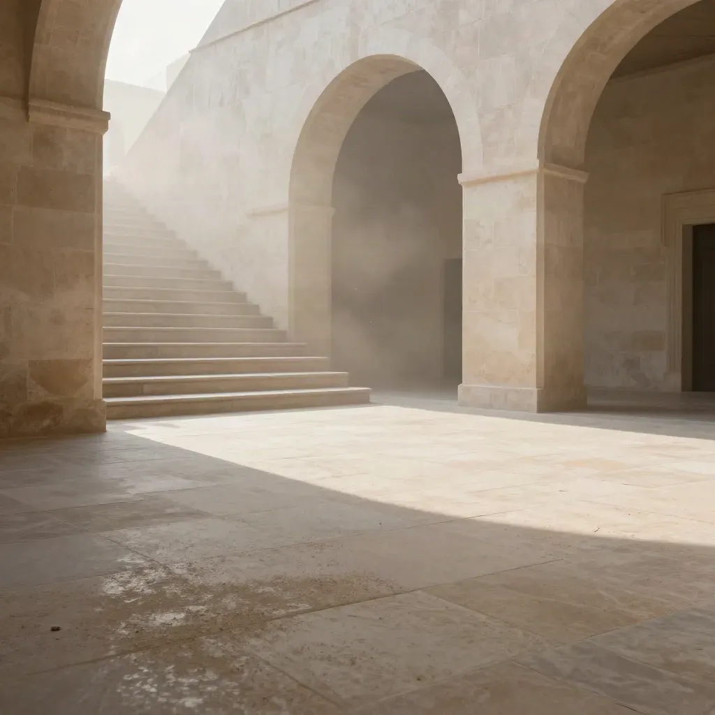 Pale limestone courtyard with arch and stair in morning mist, low shadowed floor and calm copy space.