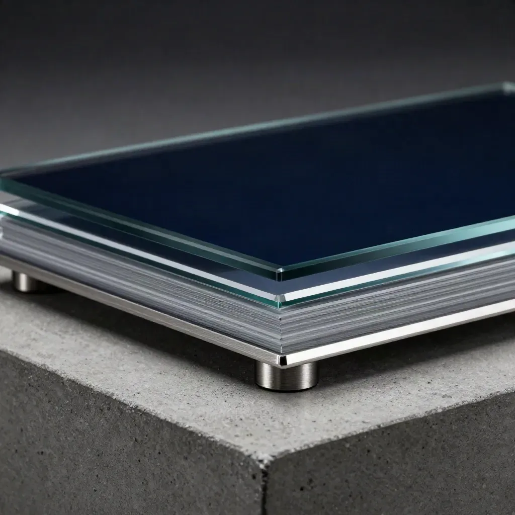Macro of a glass sales dashboard plinth with brushed metal base on cool concrete.