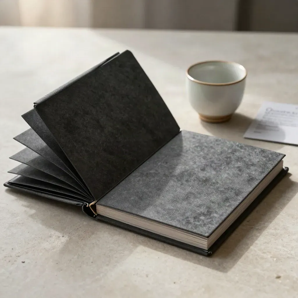 Charcoal portfolio, folded cloth sleeve and ceramic cup on stone with soft smoke.