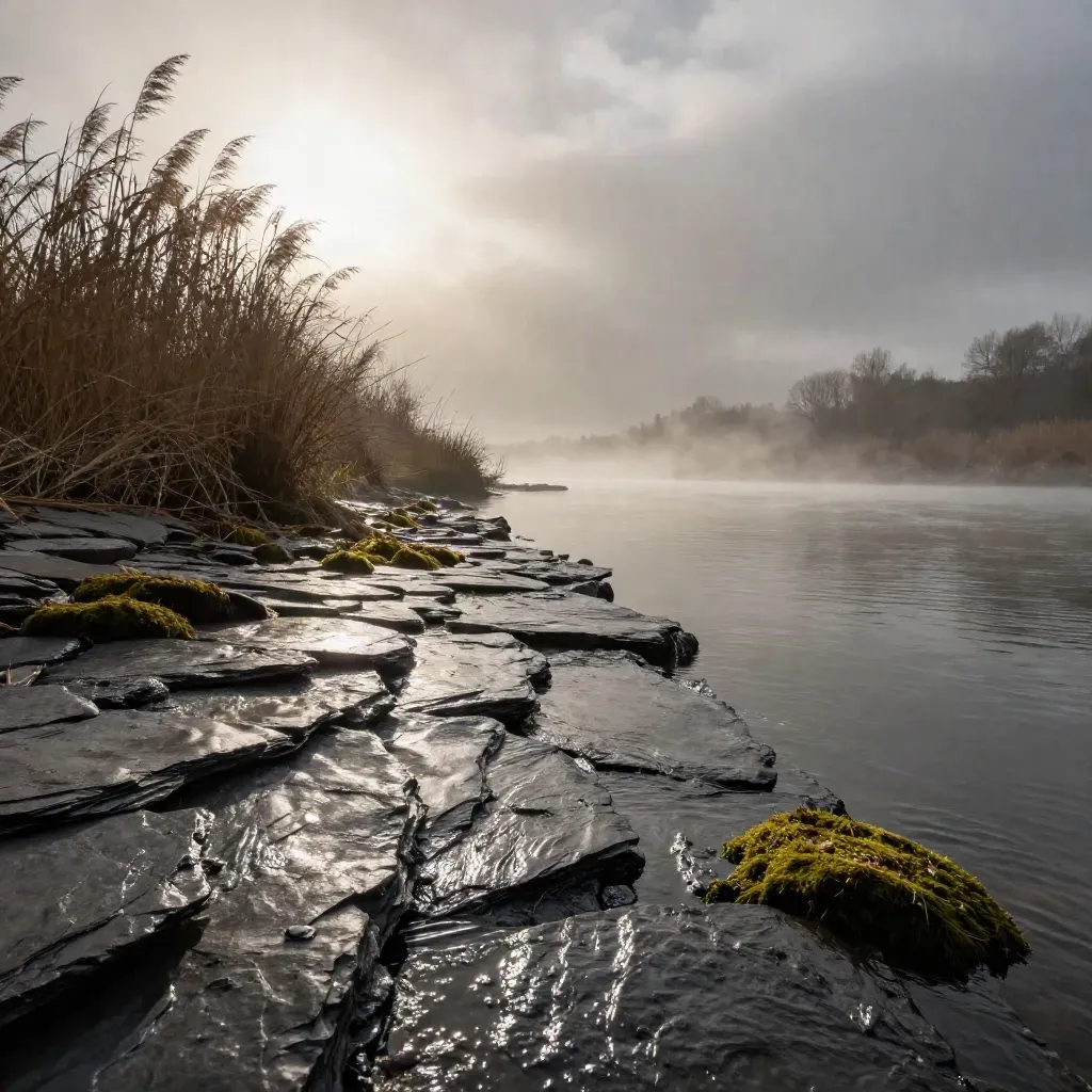 Wet slate riverbank, reed tops in mist, water sliding over stones under a bright break in clouds.