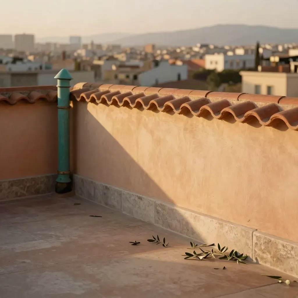 Sunlit rooftop terrace with terracotta parapet and hazy city skyline for copy space.