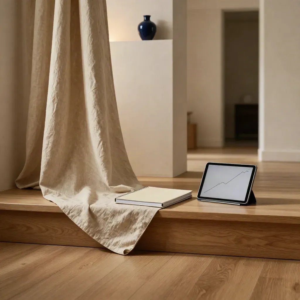 Warm oak interior with linen drape, soft lamp glow, and abstract retention planning details.