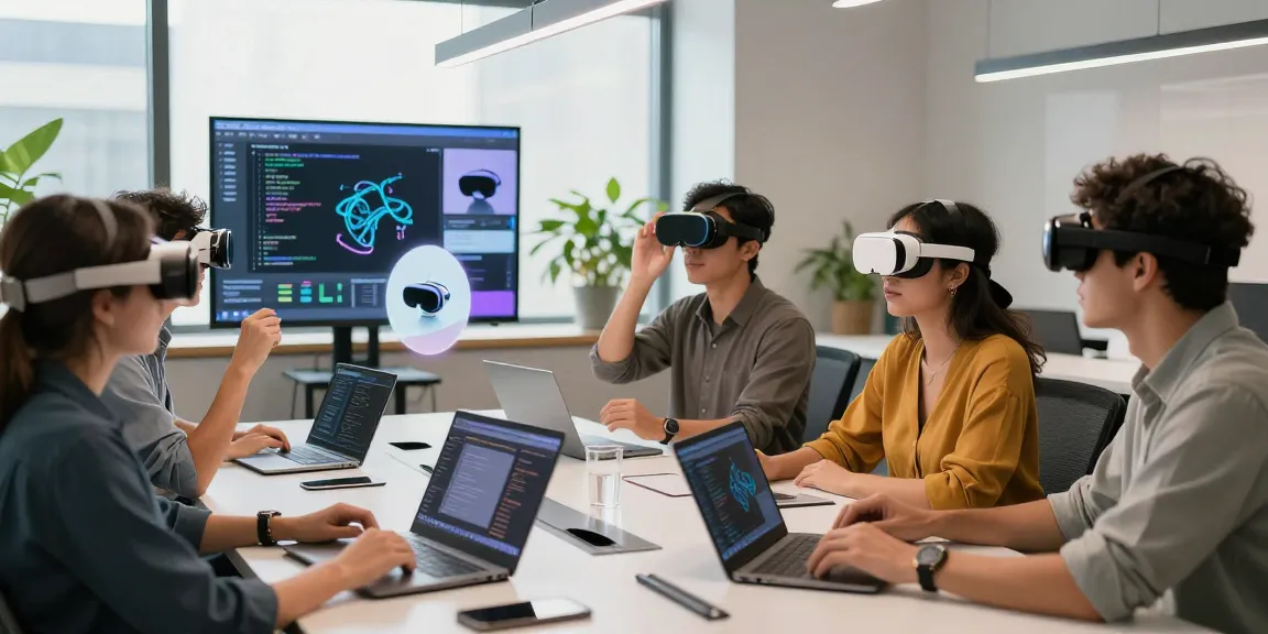 Users engaging with AR glasses in a modern tech office during a collaborative meeting, showcasing innovative applications.