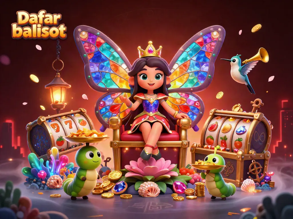 Daftar balisot showcases a vibrant 3D scene with a butterfly queen and casino elements, embodying excitement.