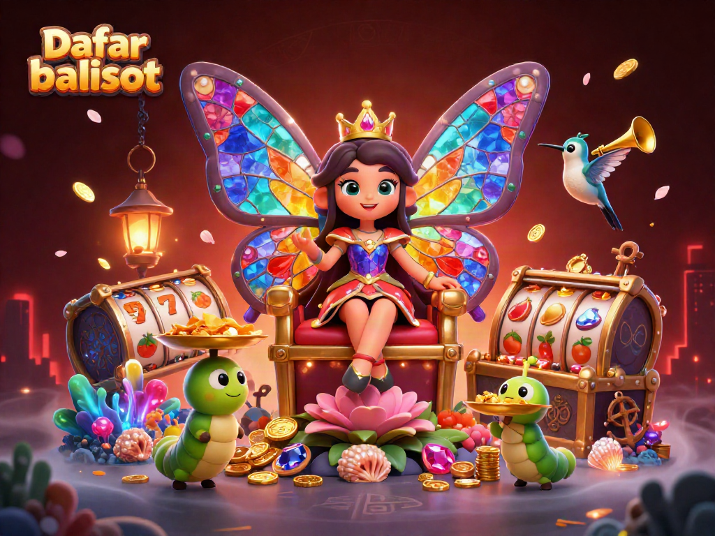 Daftar balisot showcases a vibrant 3D scene with a butterfly queen and casino elements, embodying excitement.