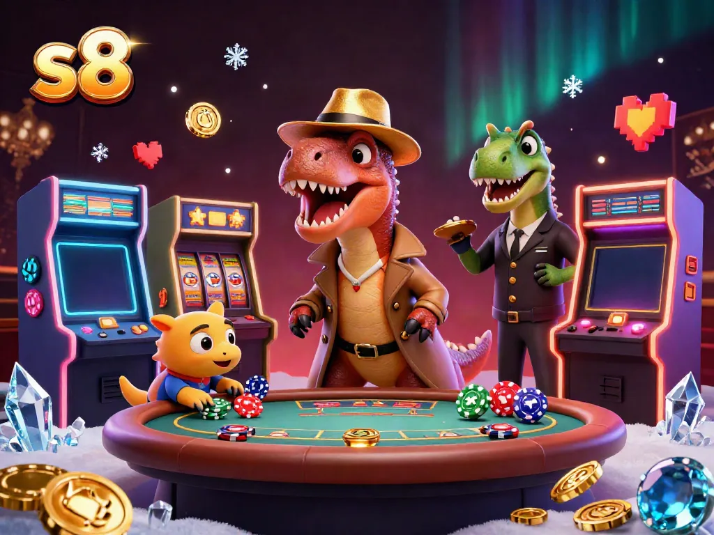 Experience thrilling blackjack action with s8 as a velociraptor card counter tries to blend in among casino elements.