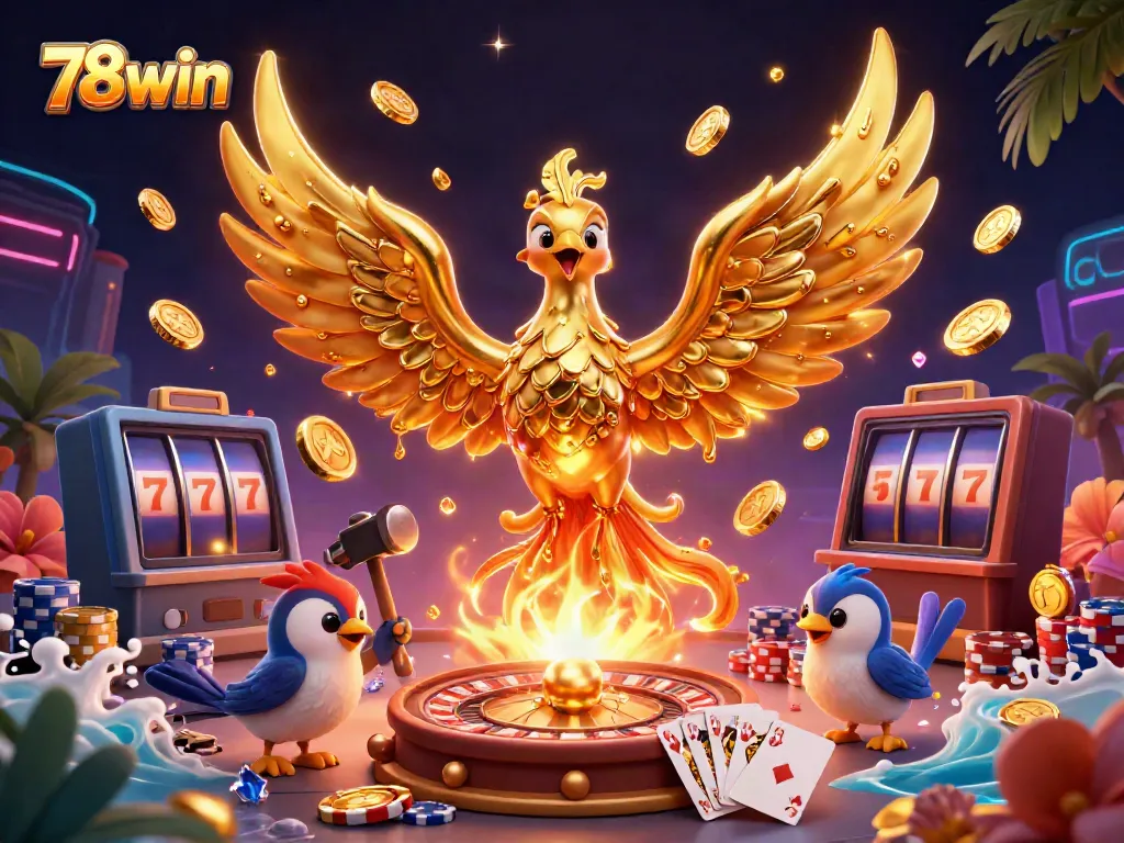 Experience the thrill of 78win with a dazzling golden phoenix illuminating a vibrant casino scene.