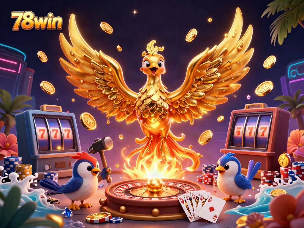 Experience the thrill of 78win with a dazzling golden phoenix illuminating a vibrant casino scene.