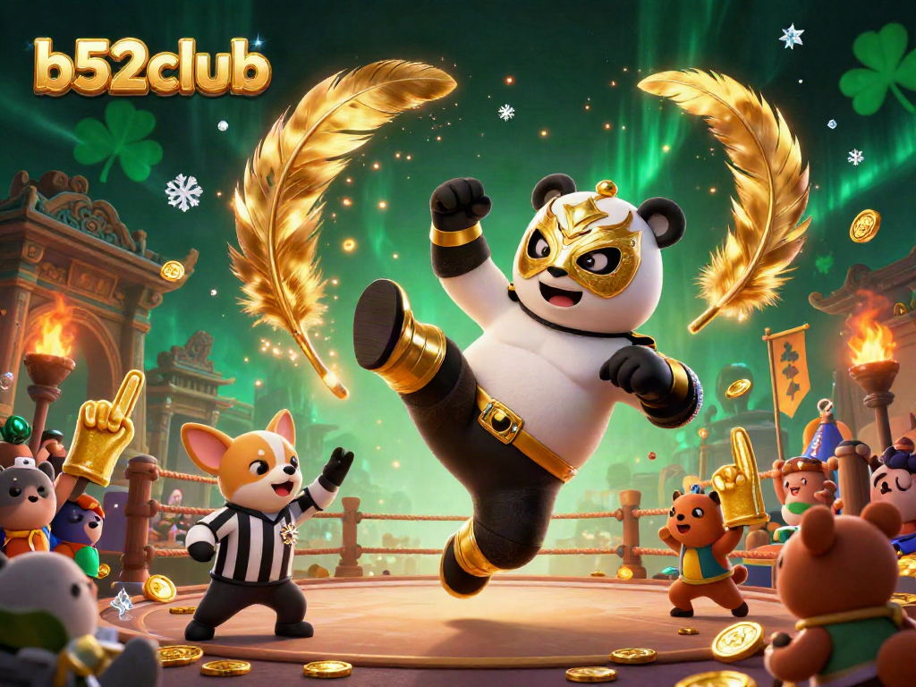 Panda wrestler showcasing b52club's unique gaming experience with vibrant casino elements.