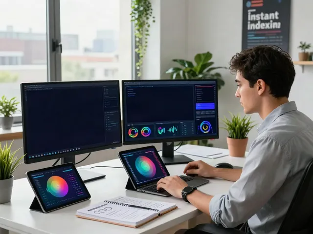Digital marketer optimizing content for instant indexing in an energetic workspace.