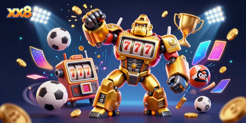 Engaging 3D illustration showcasing a golden gorilla mech and vibrant sports elements embodying xx8 themes.