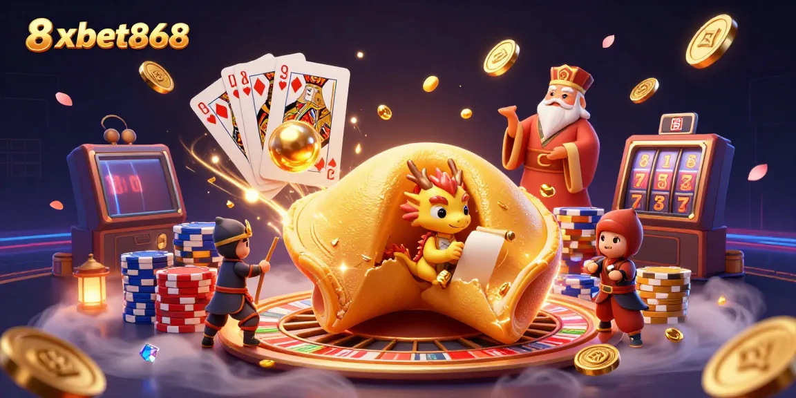 Engage with winning strategies at 8xbet868, illustrated by a vibrant gold fortune cookie scene.