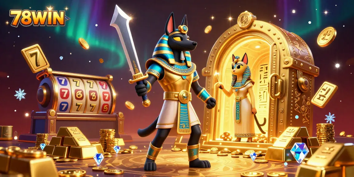 Engage in thrilling action at 78WIN with a vibrant casino-themed scene, featuring Anubis and Bastet.