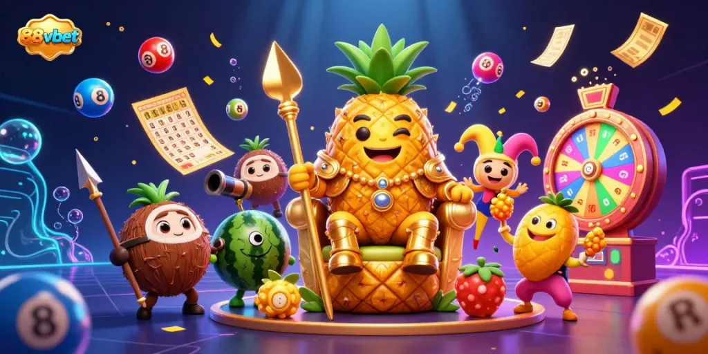 Engage with 88vbet's vibrant casino scene featuring a golden pineapple king and dynamic lottery elements.