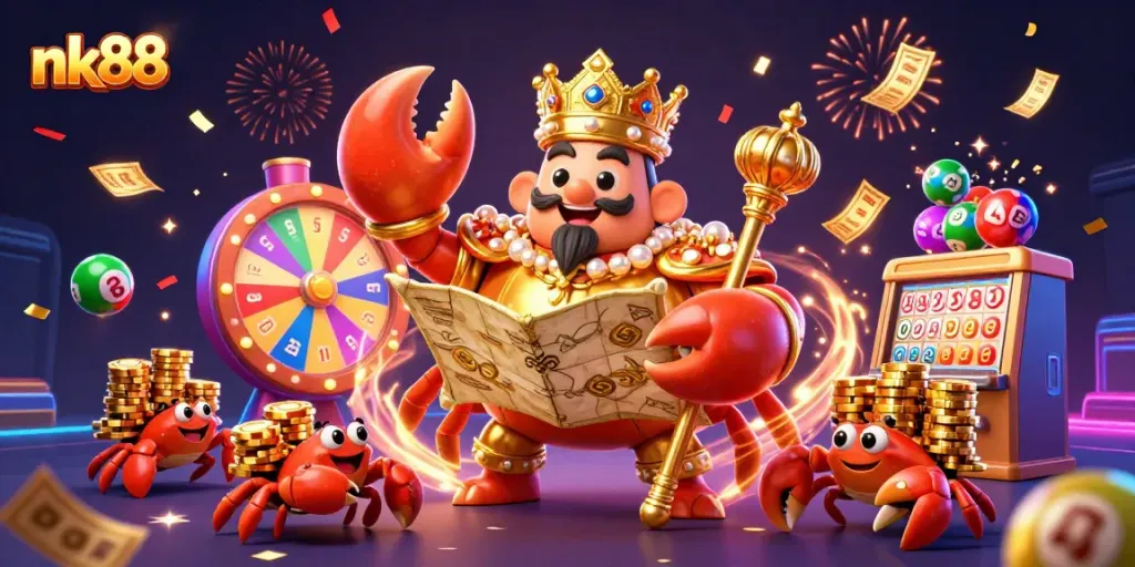 Engage with nk88 online casino excitement featuring a golden crab emperor surrounded by vibrant lottery elements.