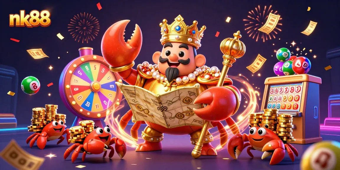 Engage with nk88 online casino excitement featuring a golden crab emperor surrounded by vibrant lottery elements.