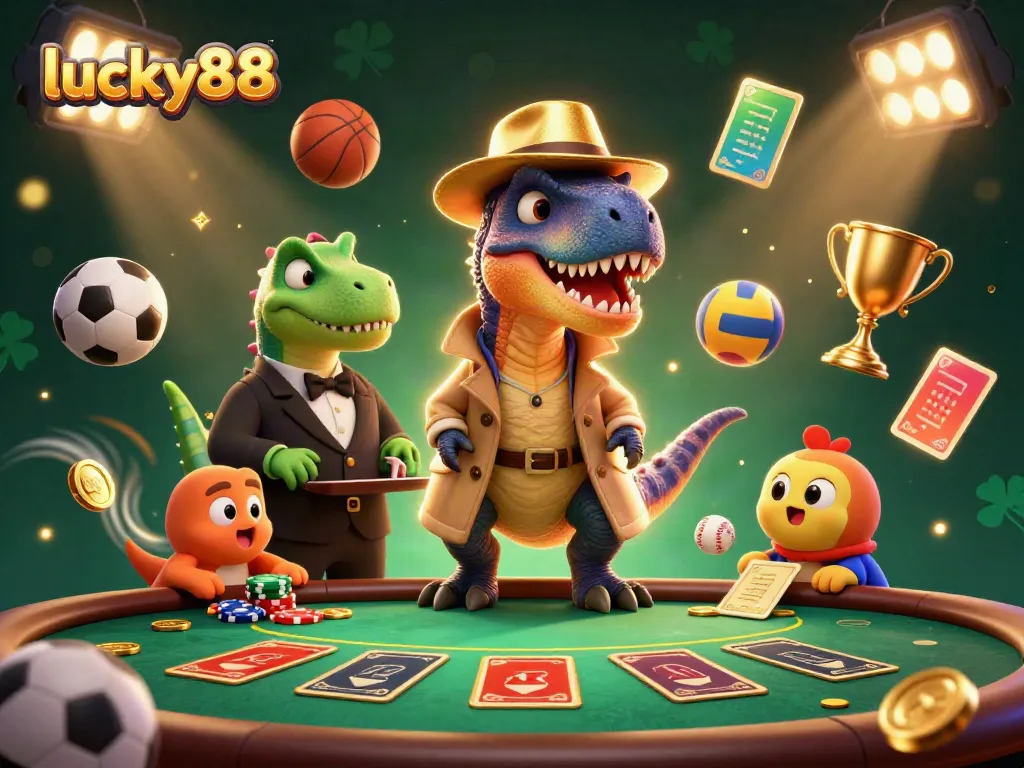 Engage with lucky88 featuring a velociraptor card counter at a blackjack table, surrounded by dynamic sports elements.