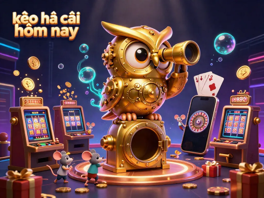 Experience the excitement of kèo nhà cái hôm nay with a whimsical 3D illustration of a golden owl and playful mice in a vibrant casino scene