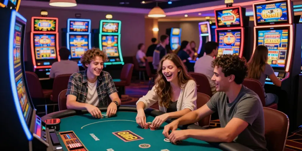 Friends celebrating at independent casinos not on GamStop, enjoying lively atmosphere and exciting games.