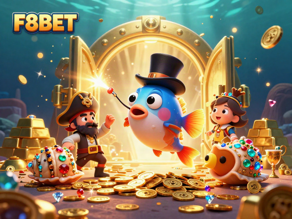 F8BET casino illustration of a bright anglerfish in a top hat, shrimp, and gemstone snail attracting coins.