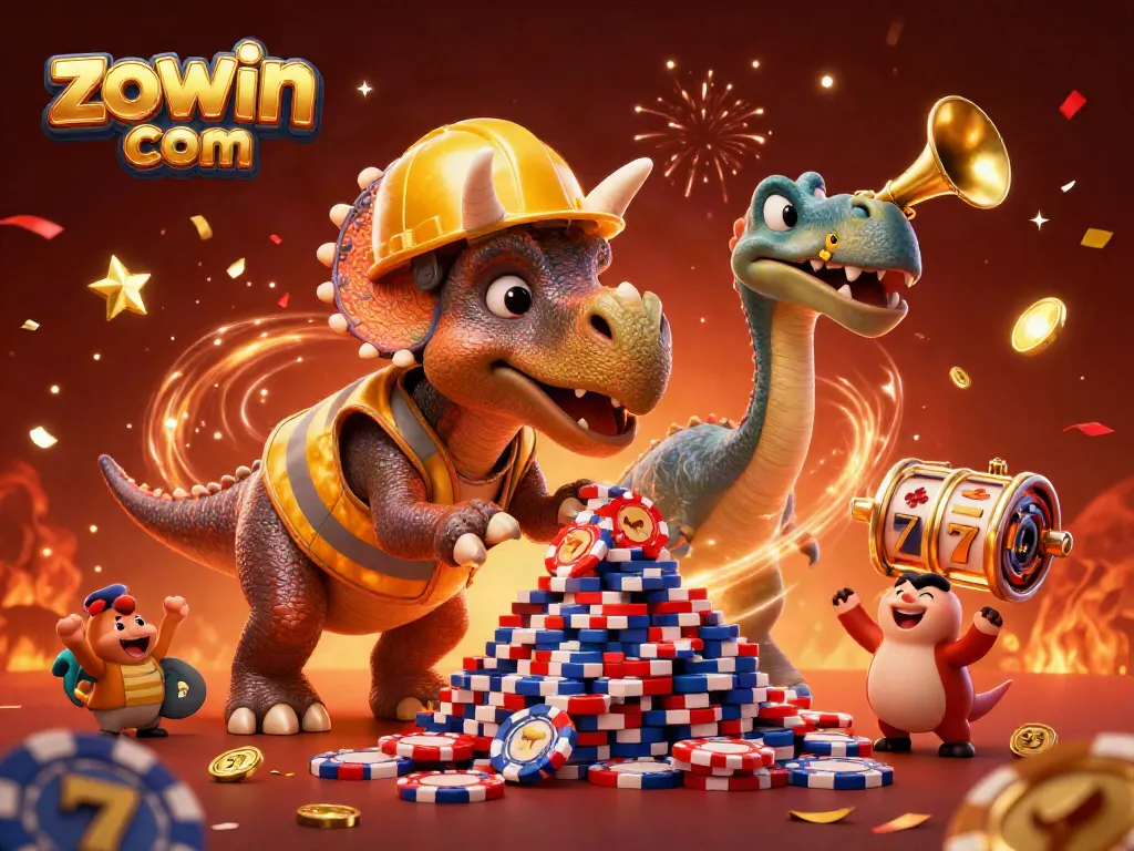 Experience joy at zowin com with a triumphant casino scene featuring a triceratops and game elements celebrating together.