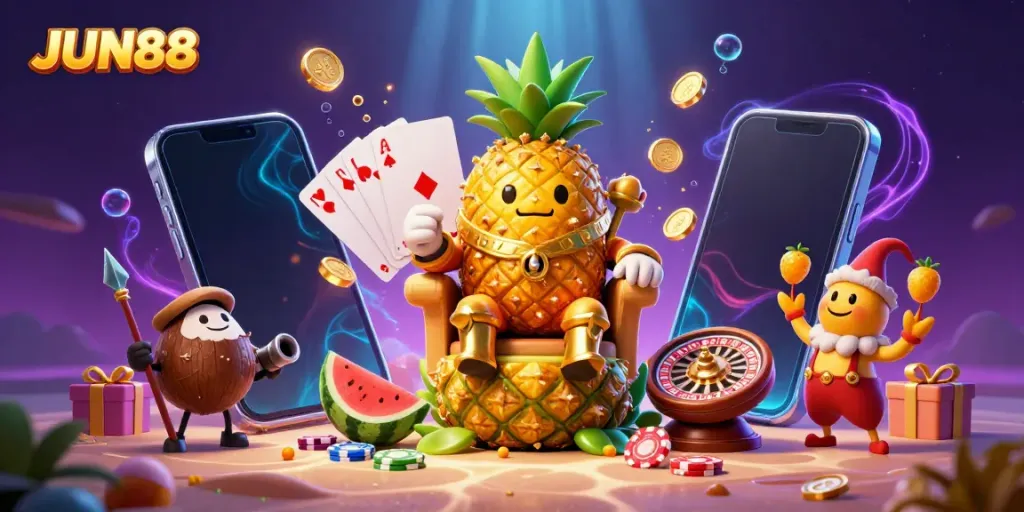 Experience the vibrant JUN88 casino world with a golden pineapple king and engaging gaming elements.