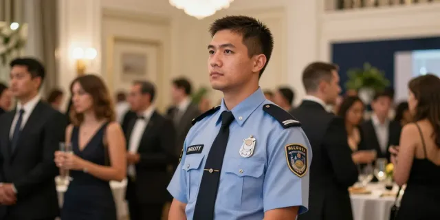 Security Guard monitoring an upscale event, ensuring safety.