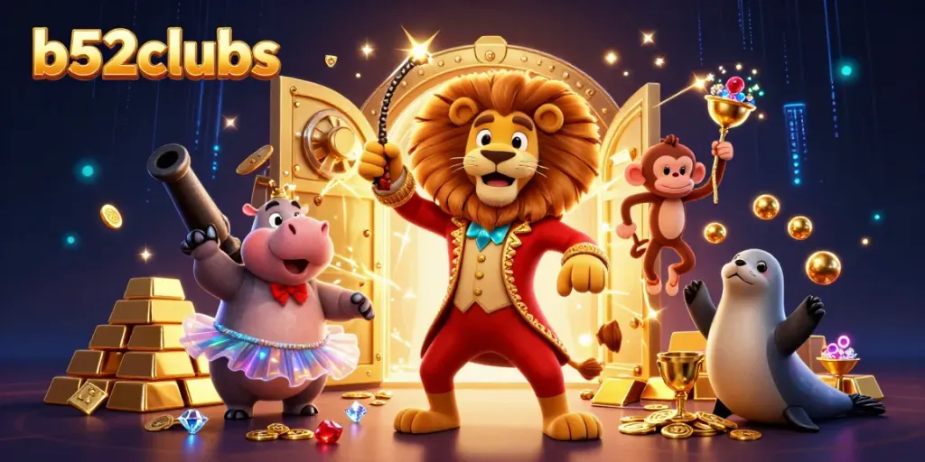Engage in thrilling games with b52clubs surrounded by vibrant treasures and energetic characters.