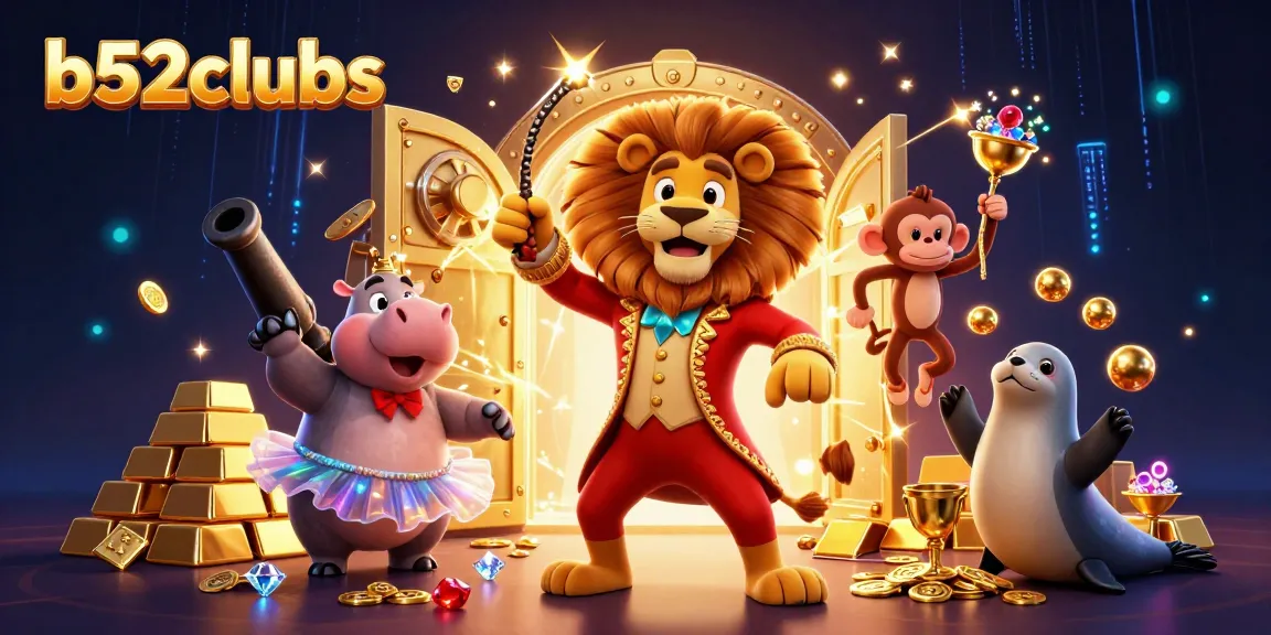 Engage in thrilling games with b52clubs surrounded by vibrant treasures and energetic characters.