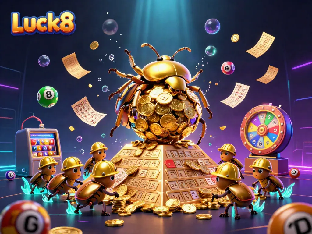 Engage with Luck8 in a vibrant casino world, featuring dynamic golden beetles and colorful lottery elements.