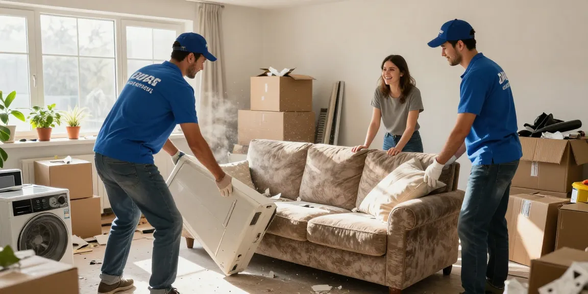 House clearance professionals efficiently removing a sofa and appliances from a cluttered living room.
