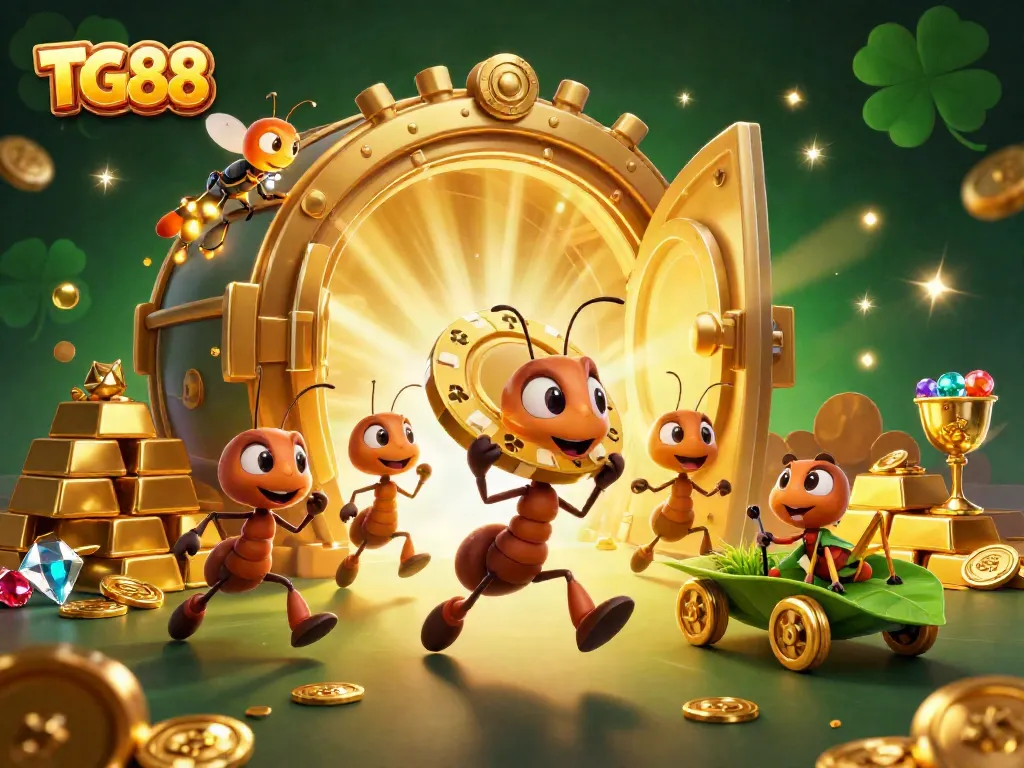 Witness TG88's vibrant heist scene with 3D cartoon ants and treasures, emphasizing thrilling casino excitement.