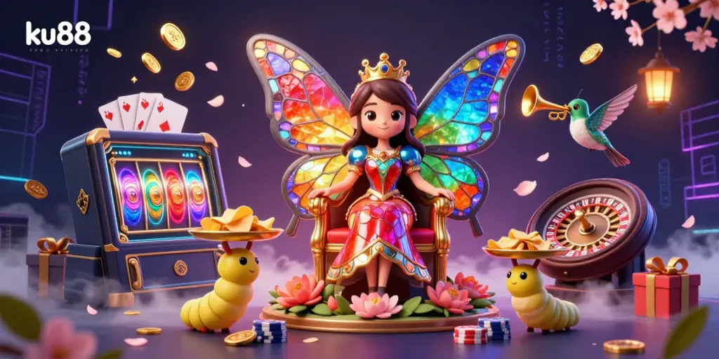 Experience the thrill of ku88 with a captivating 3D illustration showcasing a vibrant casino scene filled with game elements.