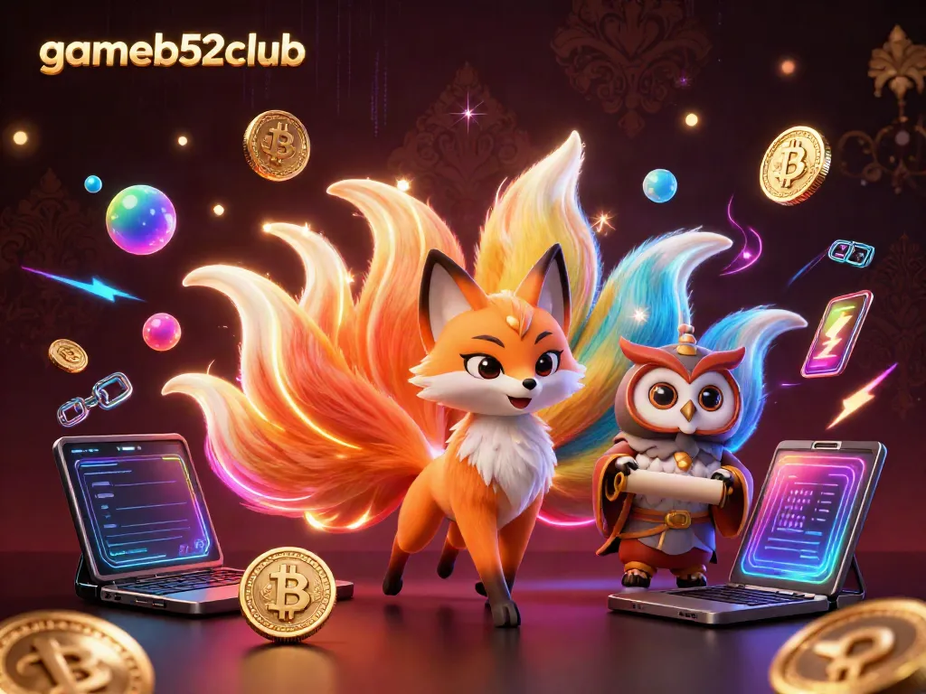 Experience vibrant animations and gaming thrills at gameb52club with colorful spirits and cryptocurrency elements.
