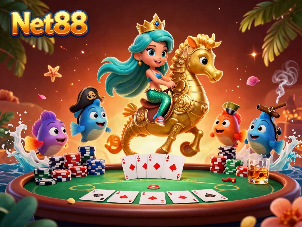 Experience the thrill of Net88 with a vibrant illustration depicting a mermaid playing poker in a dynamic underwater scene.