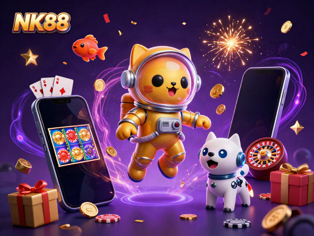 Navigating thrilling slots at NK88 with energetic space-themed characters and festive gambling elements.