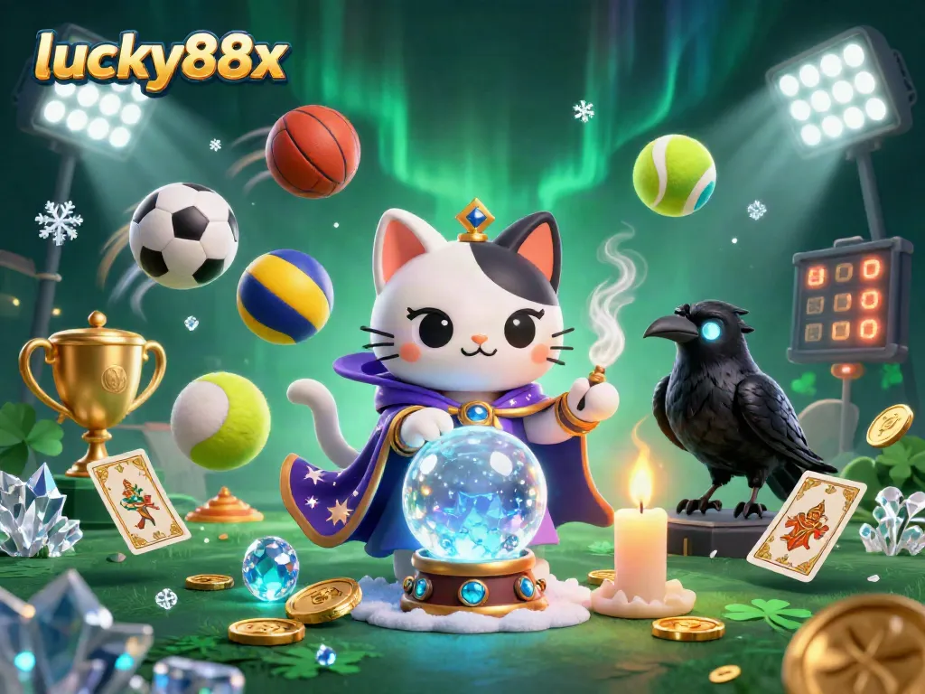 Engaging scene of lucky88x with dynamic sports balls and a mystical cat, inviting gamers to join the action.