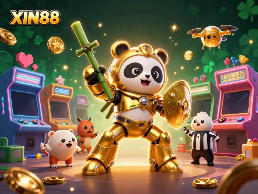 XIN88 engages players with a vibrant, action-packed casino-themed illustration featuring a panda mech in a gaming arena.