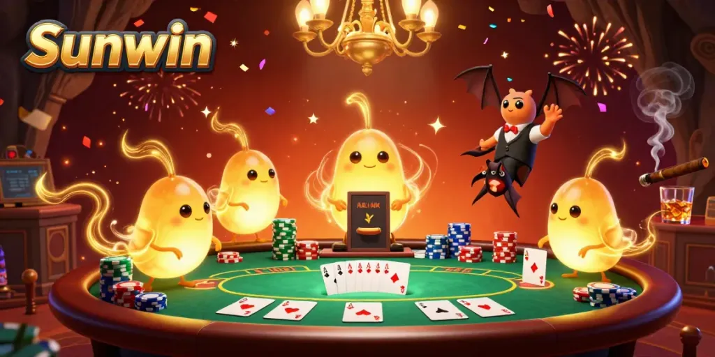 Sunwin casino illustration featuring glowing creatures and poker game elements in a vibrant environment.
