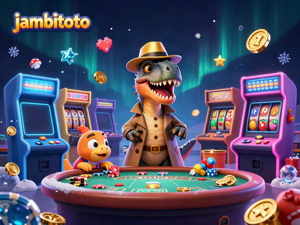 Experience thrilling gameplay with jambitoto's vibrant casino scene featuring a cunning velociraptor card counter and colorful gaming elements.