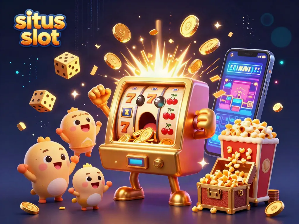 Experience thrilling gameplay at situs slot as a golden slot machine hits a jackpot amidst cheering companions, coins overflowing.
