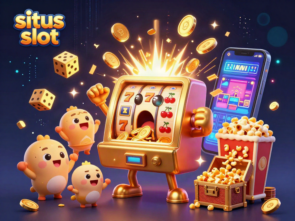 Experience thrilling gameplay at situs slot as a golden slot machine hits a jackpot amidst cheering companions, coins overflowing.
